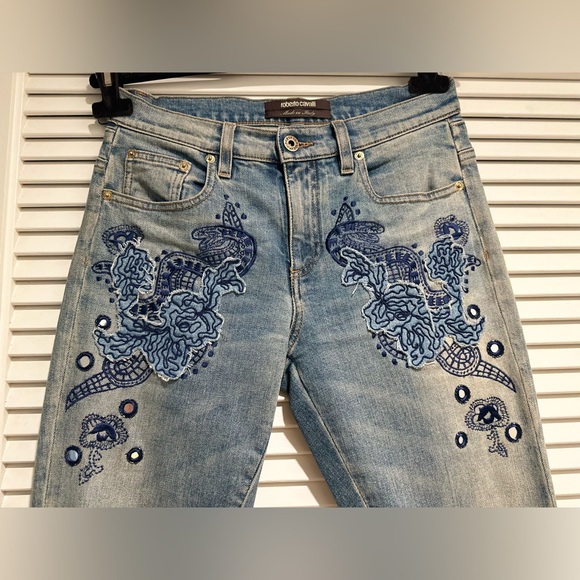 Roberto Cavalli Embroidered Vintage Effect Jeans In Blue, size IT 40. - Picture 7 of 13
